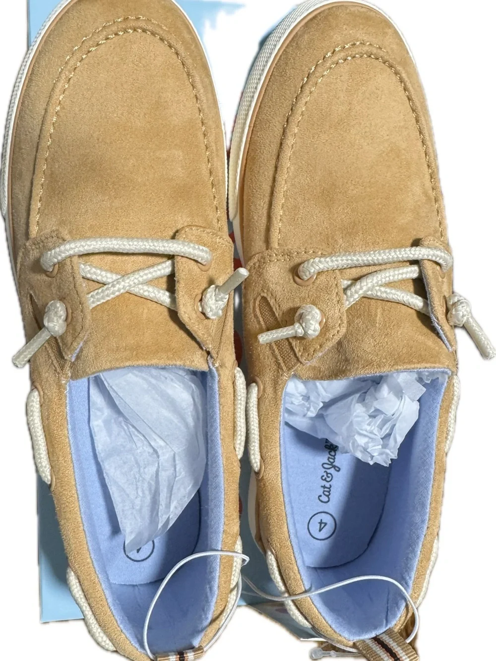 Boys Tan Suede Boat Shoes with White Laces